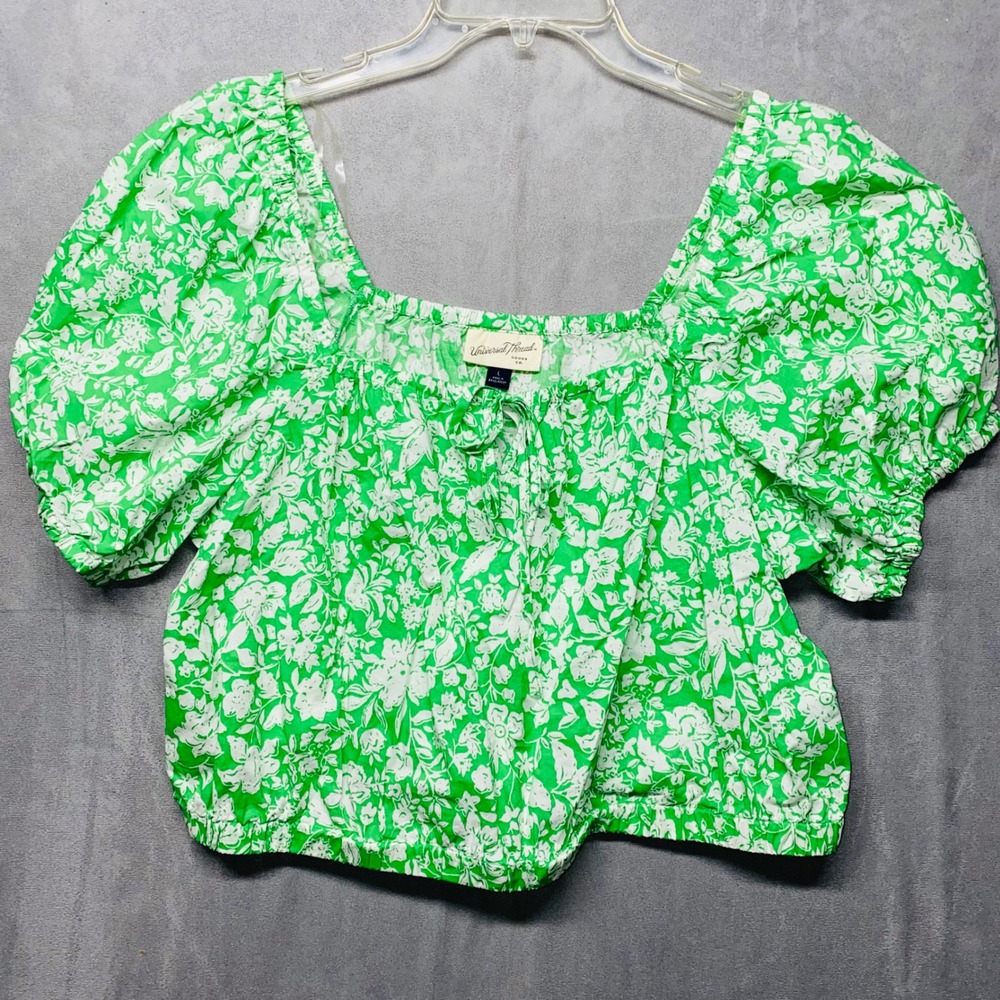 Universal Thread Womens Lg Square Neck Puff Sleeve Tie Crop Top‎ Green Floral